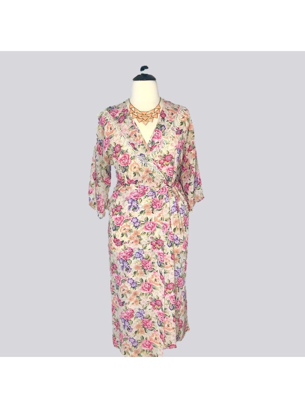 Vintage 90s Wrap Dress Floral Roses Chiffon cottage fairy festival boho lace M L